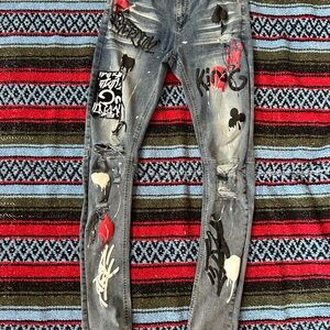 Rutherford Jeans Men Size 32x32 Flex Skinny Fit Blue Painted Pattern Denim